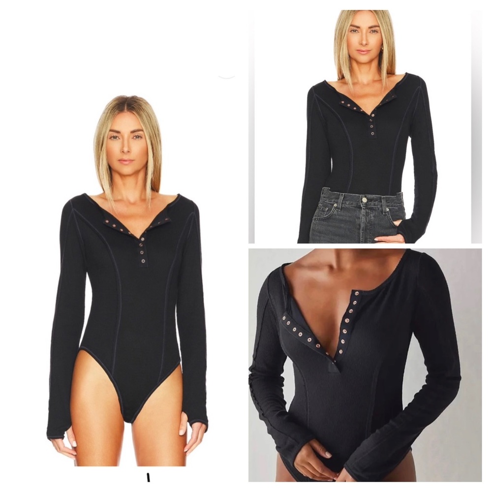 NWT- Free People Black Sloan Bodysuit w/ snap closure and thumbhole sleeves